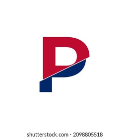 Letra inicial p con logotipo azul y rojo. Formas geométricas Estilo de corte aislado en fondo blanco