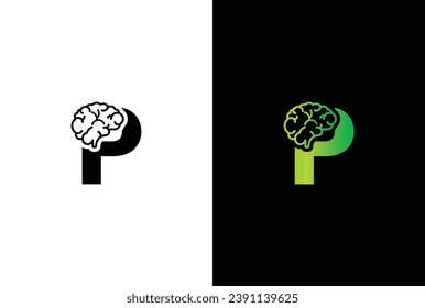 Initial letter P brain logo and icon vector illustration template design. Letter P Brain Idea Logo.