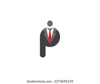 initial letter P Businessman Logo Concept sign symbol icon Element Design. People, Human, Boss, Marketing, Business, Suit, Tie, Finance, Corporate Logotype. Vector illustration template