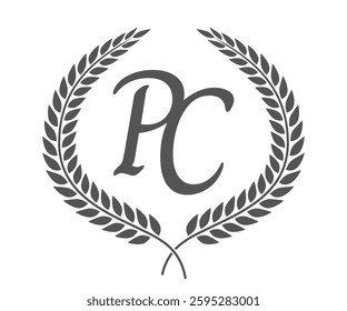 Initial letter P and C, PC monogram logo design with laurel wreath. Luxury calligraphy font.