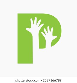 Initial Letter P Charity Logo Design Concept With Two Hand Symbol