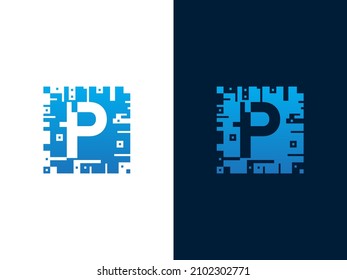 Letra inicial P y diseño del logotipo del vector de la tarjeta de chip