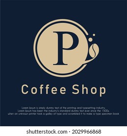 Letra inicial P con icono de café para cafetería, cafetería, bebida, diseño de logotipo comercial para restaurante