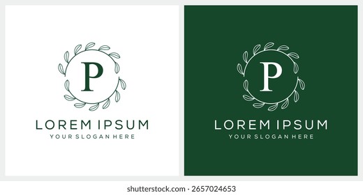 Initial letter P cosmetic spa and fashion logo design, serif font symbol icon, green leaf organic graphic vector