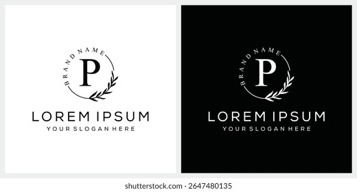 Initial letter P cosmetics fashion logo design, serif font graphic icon, leaves nature symbol concept