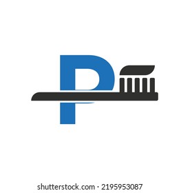 Initial Letter P Dental Logo Combine With Tooth Brush Symbol Template