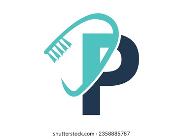 Initial Letter P Dental Logo Combine With Tooth Brush Symbol. Dental Care logo designs vector Template