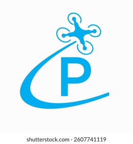 Initial Letter P Drone Logo Design Concept For Agriculture Irrigation Sign Vector And Template