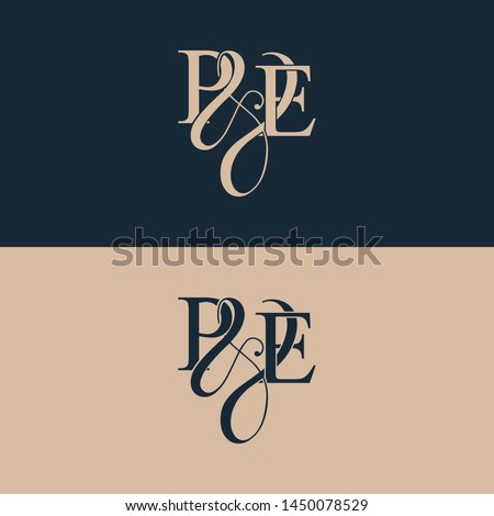 Initial letter P & E PE luxury art vector mark logo, gold color on black background.
