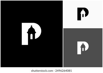 Initial Letter P El Morro Fort Fortress Castle Bartizan Castillo Vector Logo Design Illustration