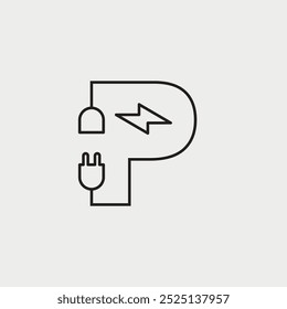 Letra inicial P Design do logotipo de eletricidade. Fonte do alfabeto do conceito do projeto elétrico. Ilustração de vetor.