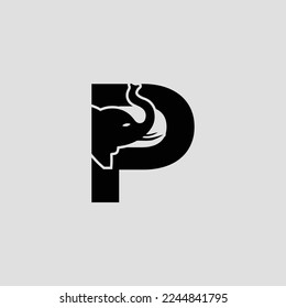 Initial letter P with elephant shape line art. Modern Elephant P Letter Alphabet Logo Design.