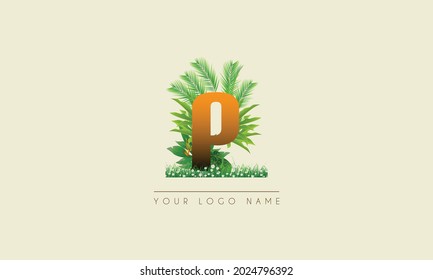 Initial Letter P   Exotic Summer  tropical Palm leaves refreshing Beach  icon logo design symbol