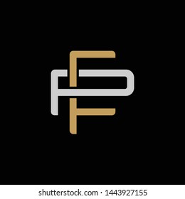 Initial letter P and F, PF, FP, overlapping interlock logo, monogram line art style, silver gold on black background