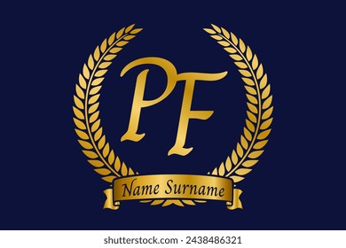 Initial letter P and F, PF monogram logo design with laurel wreath. Luxury golden emblem with calligraphy font.