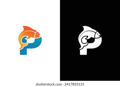 Initial Letter P Fish Logo Design Vector Icon Graphic Emblem Illustration. Word mark logo icon formed fish symbol in letter P in White background.