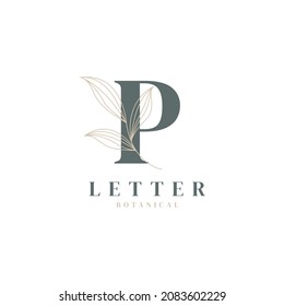Letra inicial P Logo floral y botánico. Feminina de la hoja natural para salón de belleza, masaje, cosméticos o símbolo del icono del spa