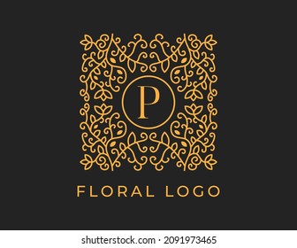 letra inicial P Modelo de ilustraciones de diseño de vectores con logotipo floral. 
Diseño con logotipo vectorial para productos naturales, floristería, cosméticos, ecológicos, salud, spa.