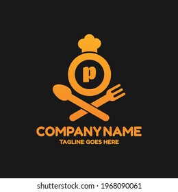 Initial letter P food Logo Design Template. Illustration vector graphic. Design concept fork,spoon and chef hat With letter symbol. Perfect for cafe, restaurant, cooking business