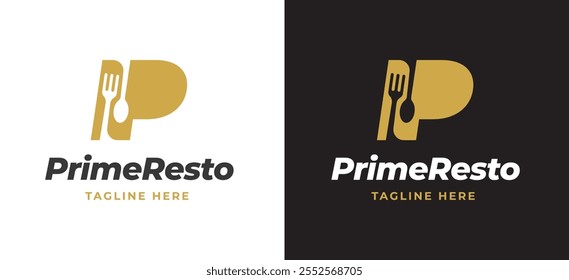 Letra inicial P con Inspiración de logotipo de icono de tenedor y cuchara. Cuchara y tenedor con el logotipo de la letra P para la marca de restaurantes, catering, cafeterías y servicios de alimentos. Ilustración del logotipo del Vector del restaurante del alfabeto.