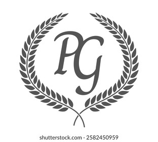 Initial letter P and G, PG monogram logo design with laurel wreath. Luxury calligraphy font.