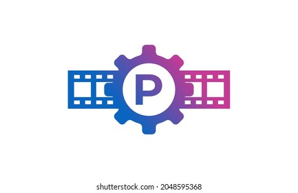 Initial Letter P Gear Cog Wheel with Reel Stripes Filmstrip for Film Movie Cinema Production Studio Logo Inspiration