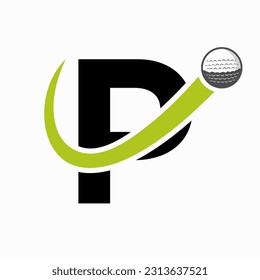 Diseño del logotipo de la letra inicial P Golf. Signo inicial de la academia deportiva de hockey, símbolo de club