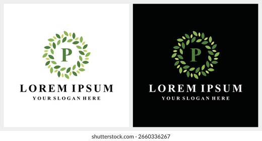 Initial letter P green leaves nature, symbol vector icon of beauty salon and wedding 