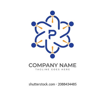initial Letter P with Group of business people. Teamwork Logo icon vector illustrations Template.