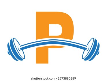 Initial Letter P Gym Logo Design Concept With Straight and Curved Barbell Symbol. Fitness Sign, Bodybuilding, Workout Vector