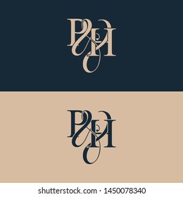 Letra inicial P & H PH logotipo de marca vectorial de arte de lujo, color dorado sobre fondo negro.