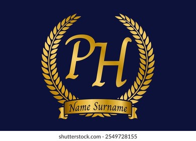 Initial letter P and H, PH monogram logo design with laurel wreath. Luxury golden calligraphy font.