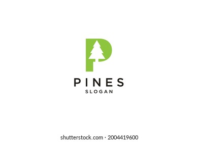 initial letter P with Hemlock, Evergreen, Pines, Spruce, Cedar trees logo design
