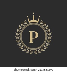 Initial Letter P Heraldic Royal Frame with Crown and Laurel Wreath. Simple Classic Emblem. Round Composition. Graphics Style. Art Elements for Logo Design Vector Illustration