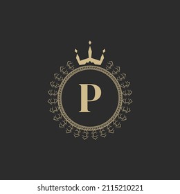 Initial Letter P Heraldic Royal Frame with Crown and Laurel Wreath. Simple Classic Emblem. Round Composition. Graphics Style. Art Elements for Logo Design Vector Illustration