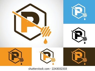 Initial letter P with honeycomb bees logo design vector illustration. Honey logo font emblem