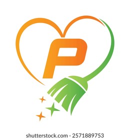 Initial Letter P House Clean Logo Concept With Cleaning Brush and Heart Symbol. Broom Sign