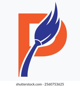 Initial Letter P House Cleaning Logo Concept With Clean Brush Symbol Vector Template