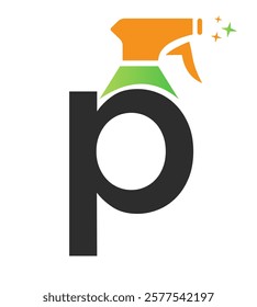 Initial Letter P House Cleaning Logo Concept With Hygiene Sprays Symbol