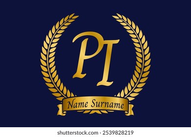 Initial letter P and I, PI monogram logo design with laurel wreath. Luxury golden calligraphy font.