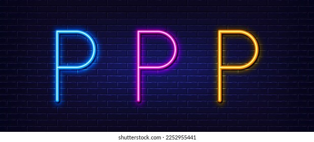 Icono de letra inicial P. Efecto de la línea luminosa neón. Signo de carácter tipográfico de línea. Letra grande del primer tipo de letra. Elemento luminoso de neón brillante. Letra P luminar línea 3d. Banner de pared de ladrillo. Vector