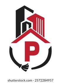 Initial Letter P Industrial Cleaning Logo Concept With Cleaning Brush and Building Symbol. Broom Sign