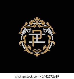 Initial letter I and P, IP, PI, decorative ornament emblem badge, overlapping monogram logo, elegant luxury silver gold color on black background