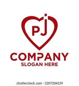 Initial letter p j in love shape logo vector design