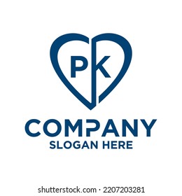 Initial letter p k in love shape logo vector design