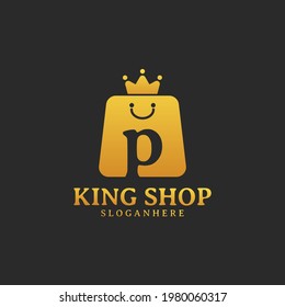 Letra inicial Plantilla de diseño del logotipo de P King Shop. Gráfico vectorial de ilustración. Diseño de bolso de tienda y corona con símbolo de letra. Perfecto para comercio electrónico, venta, descuento o elemento web de tienda.