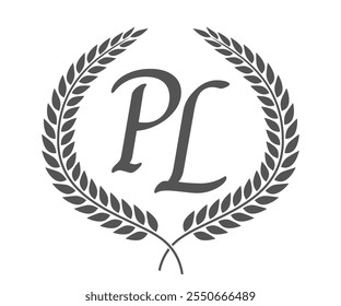 Initial letter P and L, PL monogram logo design with laurel wreath. Luxury calligraphy font.