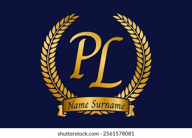 Initial letter P and L, PL monogram logo design with laurel wreath. Luxury golden calligraphy font.