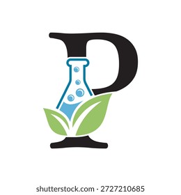 Initial letter P laboratory logo design combine with test tube and leaf symbol