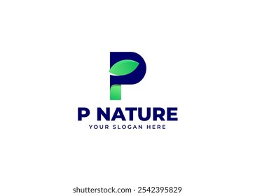 Initial Letter P with Leaf Icon Symbol Logo Inspiration. Green Leaf Symbol on Letter P Logo Design. Green and Natural Branding for Eco Business Identity. Alphabet Vector Logo Illustration.